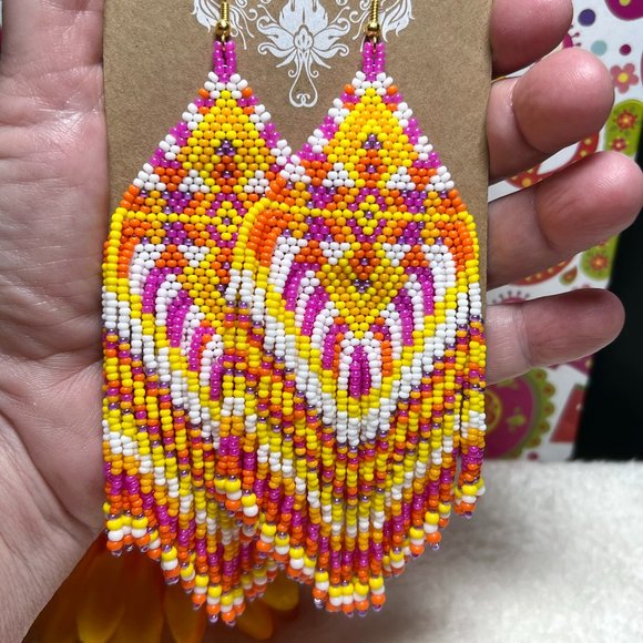 Hand Beaded Long Fringe Earrings Huge Southwest Tribal Ethnic Native Indian NWT - Picture 2 of 6